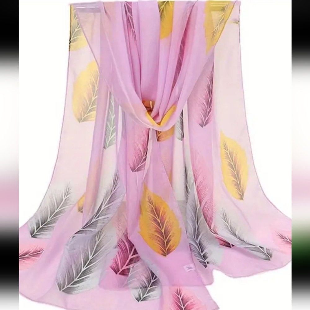 Autumn Leaf Sheer Scarf – Soft pink with Yellows rose, and gray leaves. Lightwei